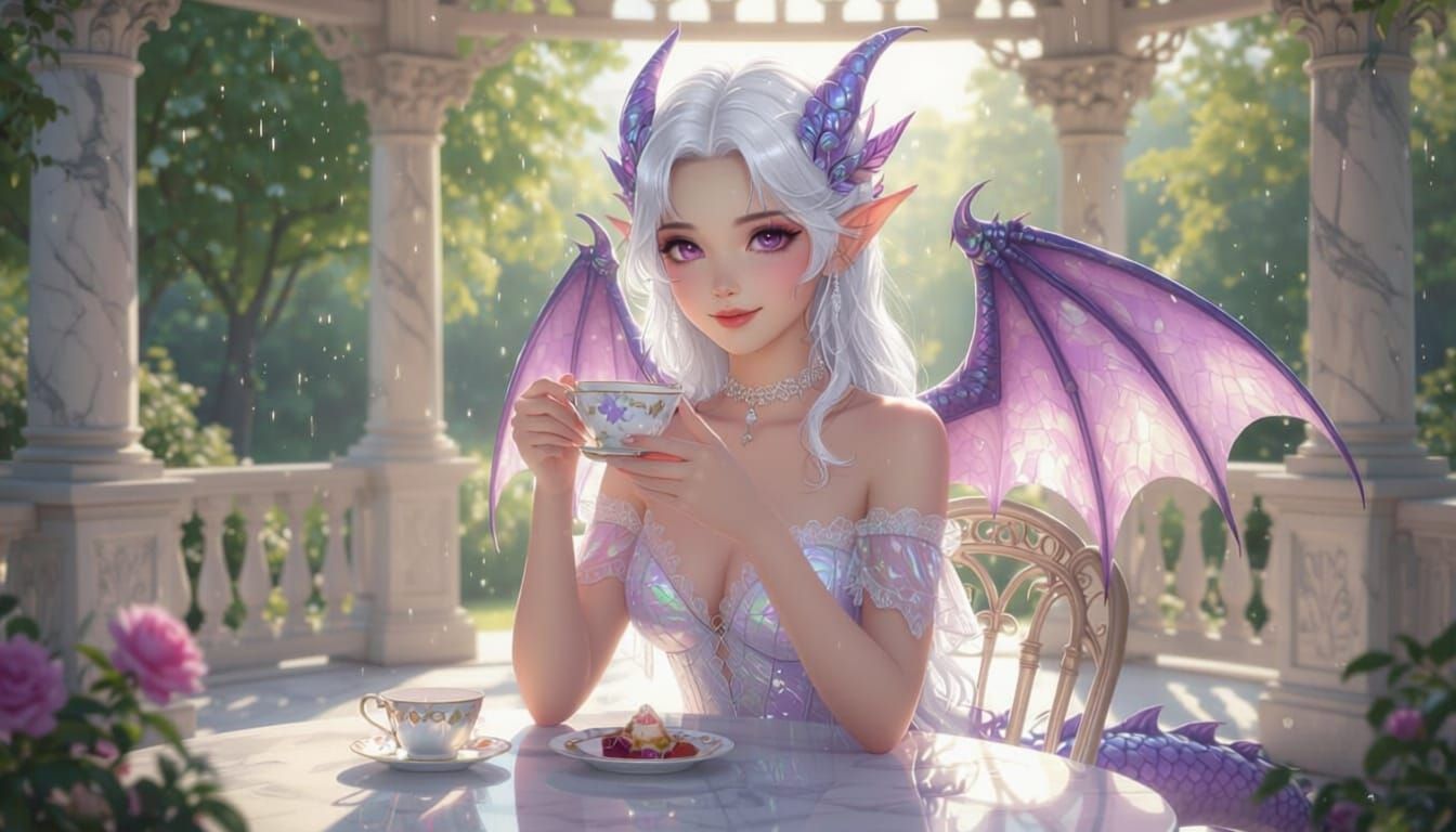 Fantasy Anime Dragon Girl in White Gown at Gazebo