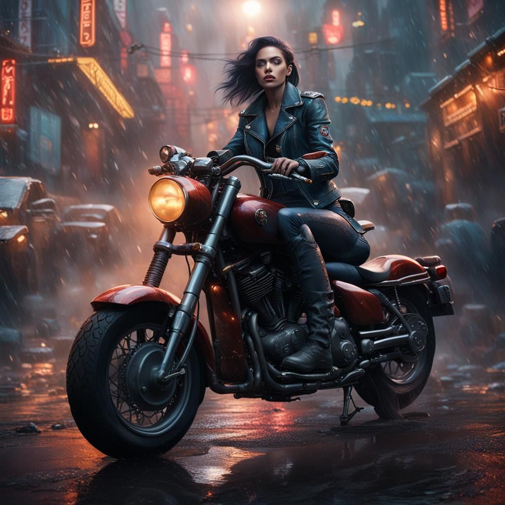 Woman on Motorbike: Detailed Fantasy Painting