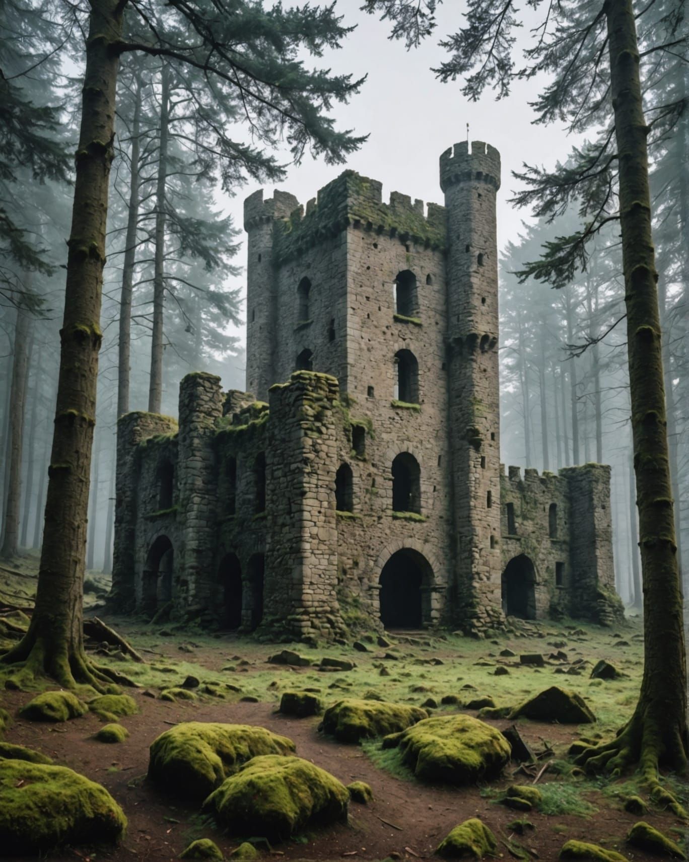Ancient Castle Ruins in Gray Forest