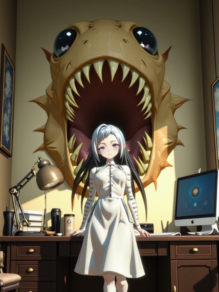 Surreal Anime Girl Confronts Coffee Stain Monster