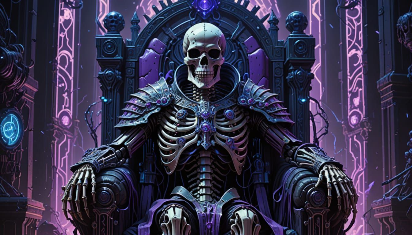 Skeleton King on Throne in Cyberpunk Armor