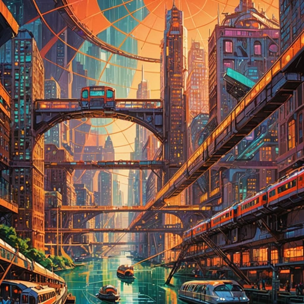 Retrofuturistic Cityscape with Art Deco Skyscrapers