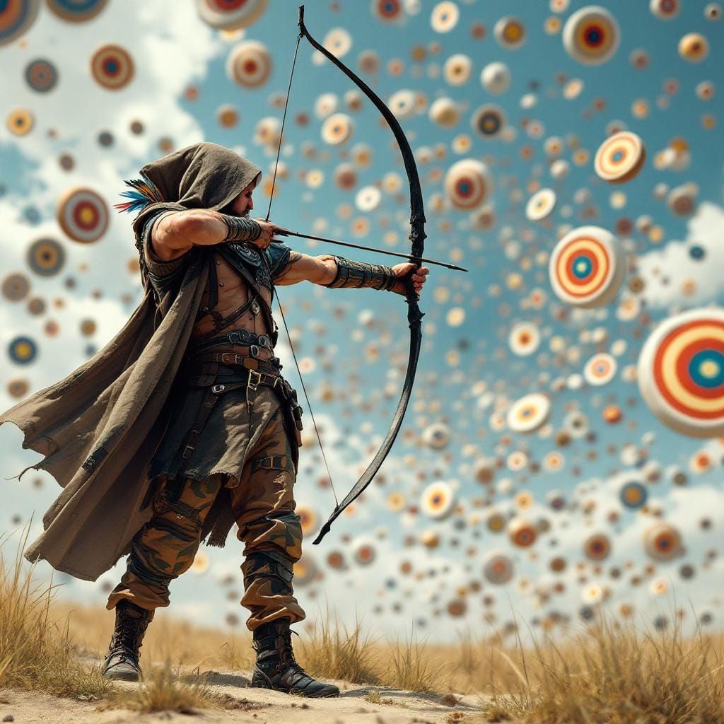 Hyper-Realistic Archer Aiming at Target in Surreal Landscape
