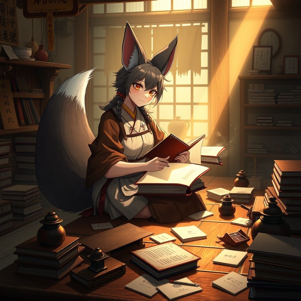 Kitsune Bookbinder in Whimsical Fantasy Setting