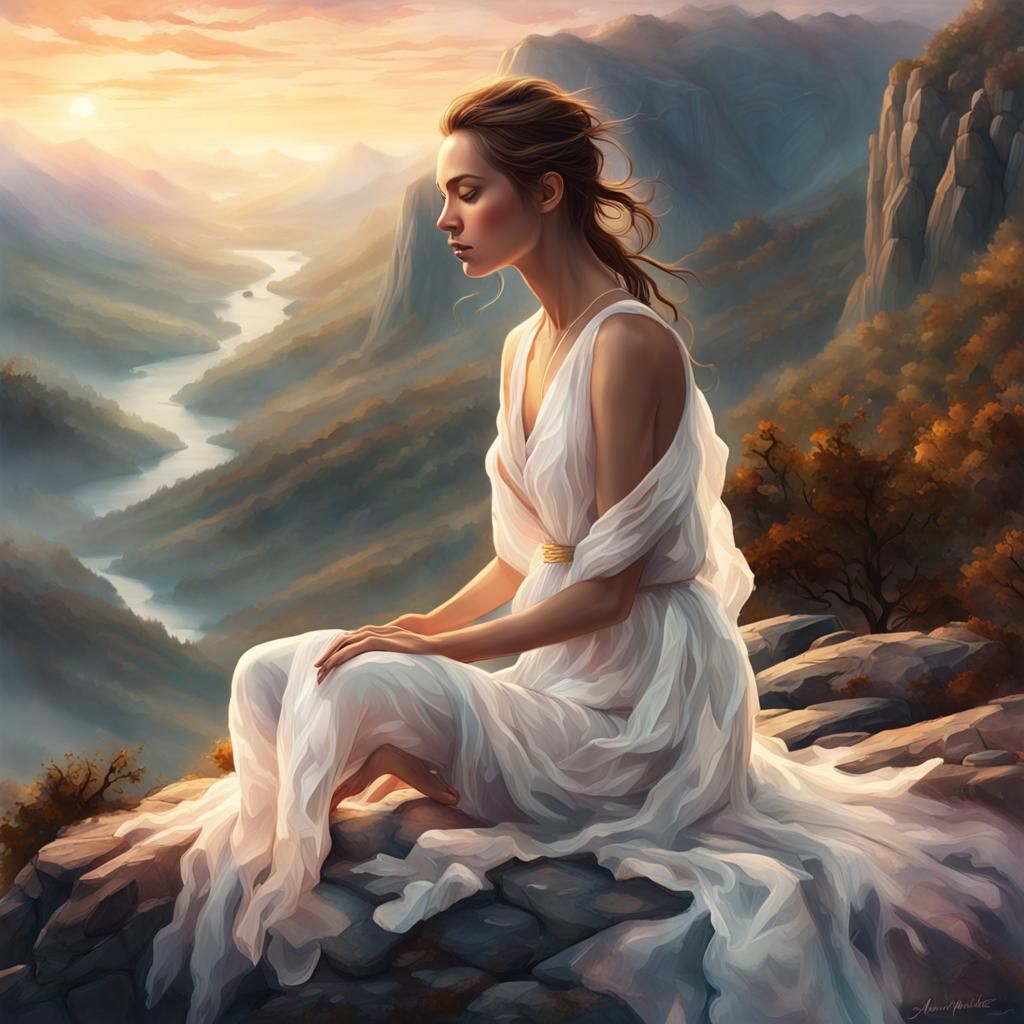 Serene Woman Meditating at Dawn in Unity Style