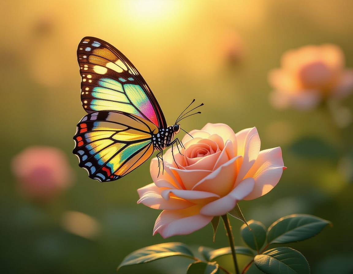 Stained Glass Butterfly and Golden Rose
