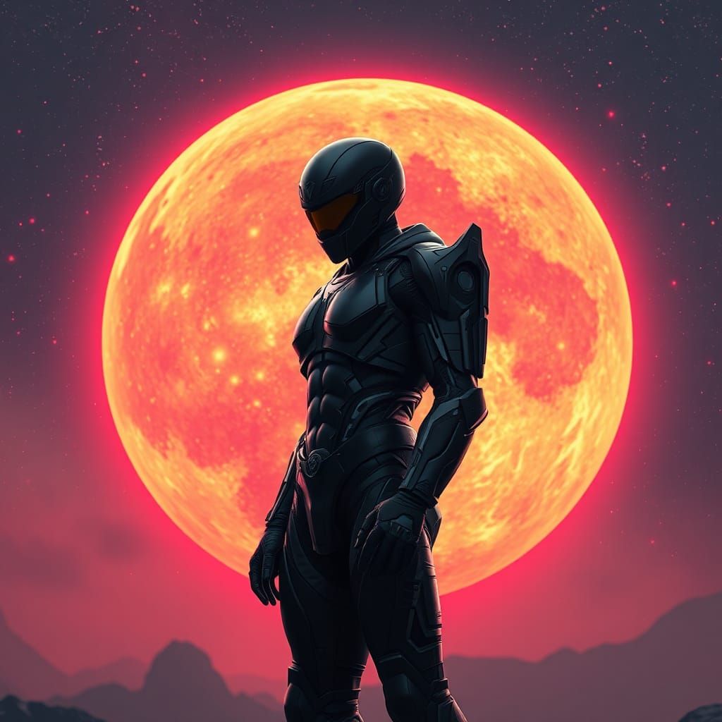 Futuristic Warrior in Black Armor on Alien Planet