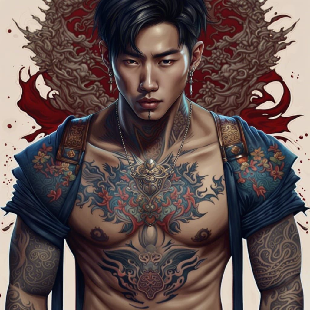 Tattooed Thai-Chinese Man in Detailed Matte Painting