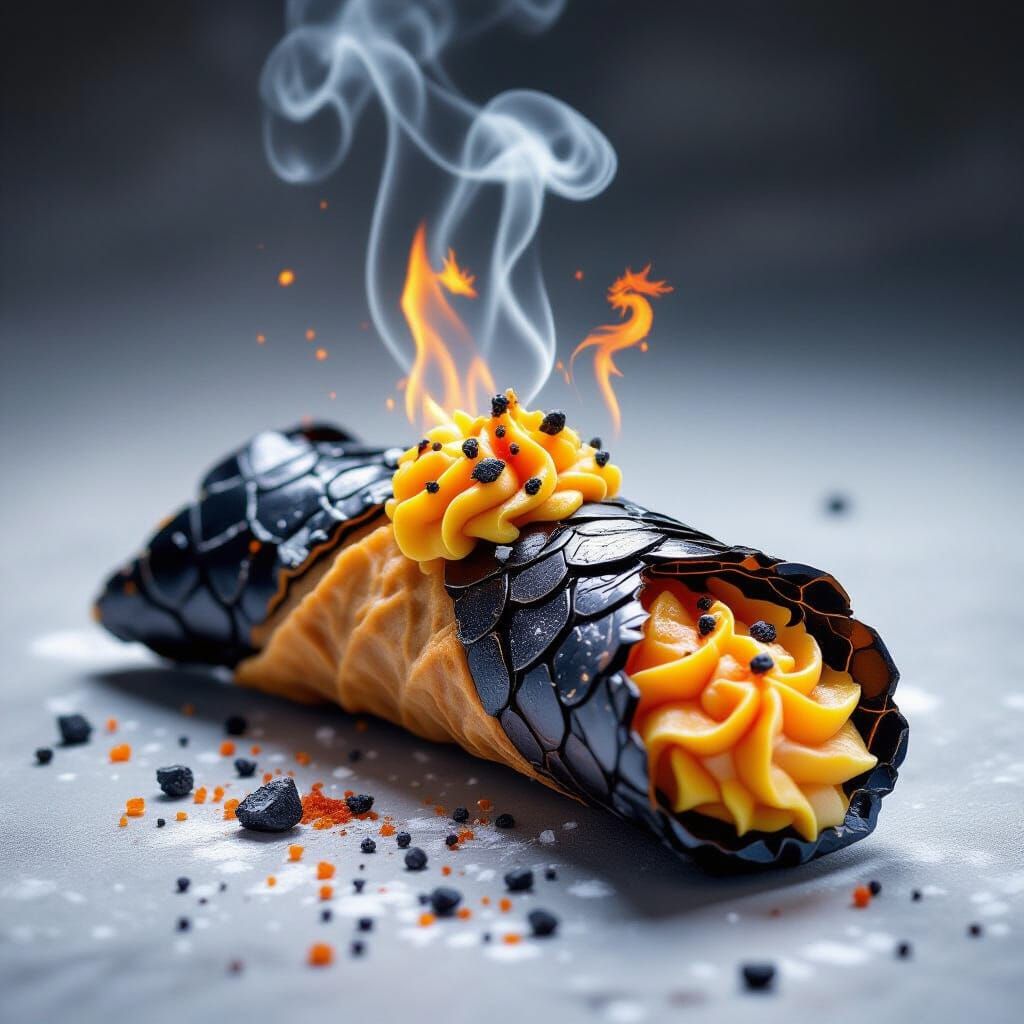 Obsidian Cannoli with Magma Cream and Fire Frosting