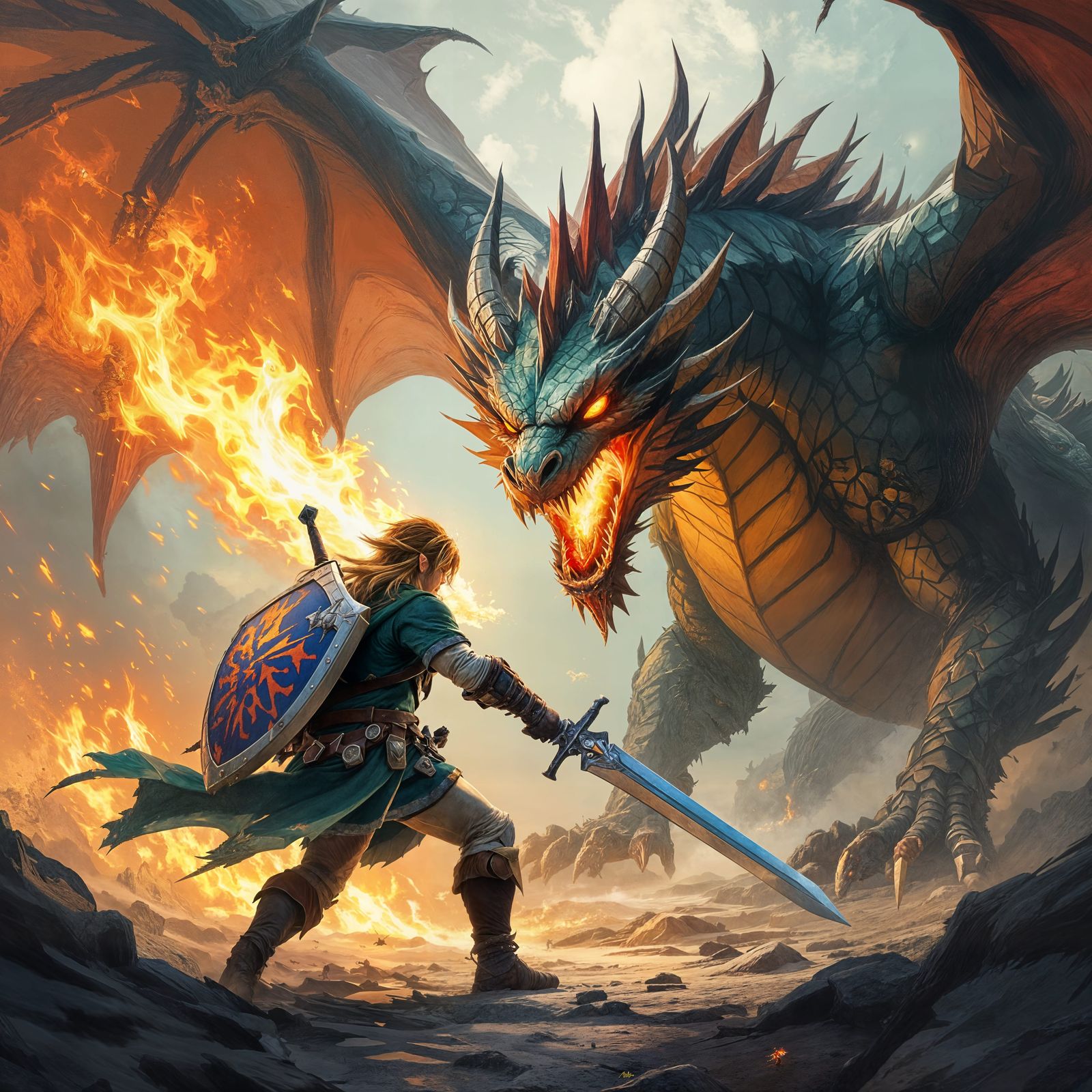 Link Battles Fierce Dragon with Sword and Shield