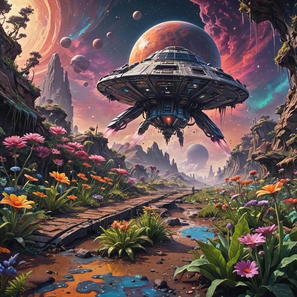 Spaceship Lands on Alien World as Graffiti Art