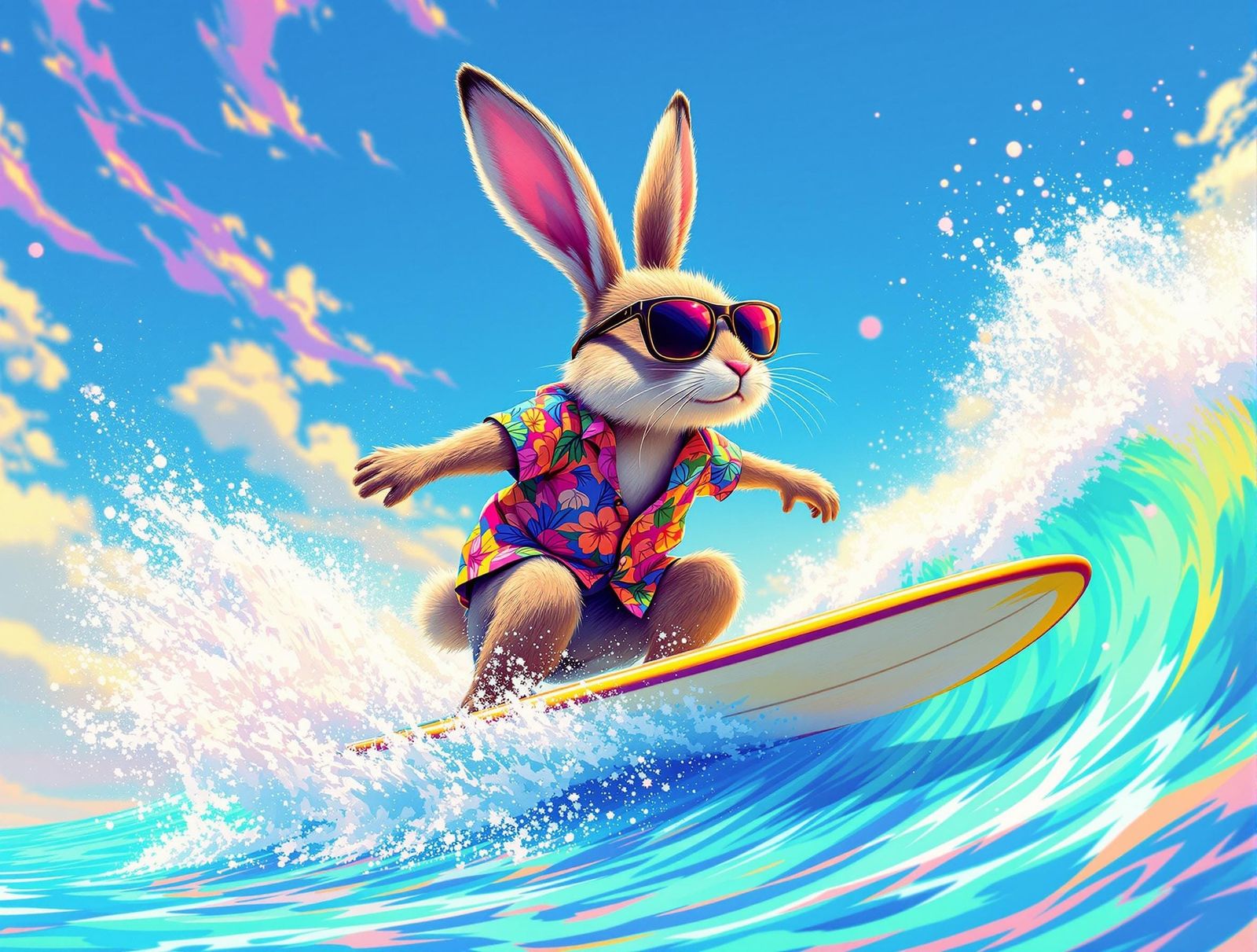 Psychedelic Rabbit Surfing a Sunny Ocean Wave