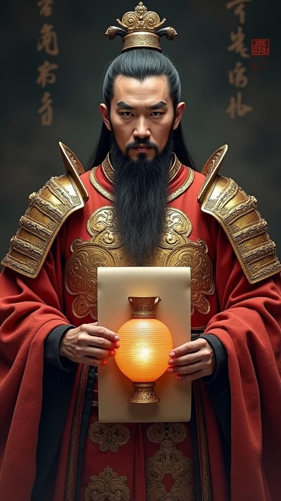 Sun Tzu in Golden Armor with Ancient Scroll