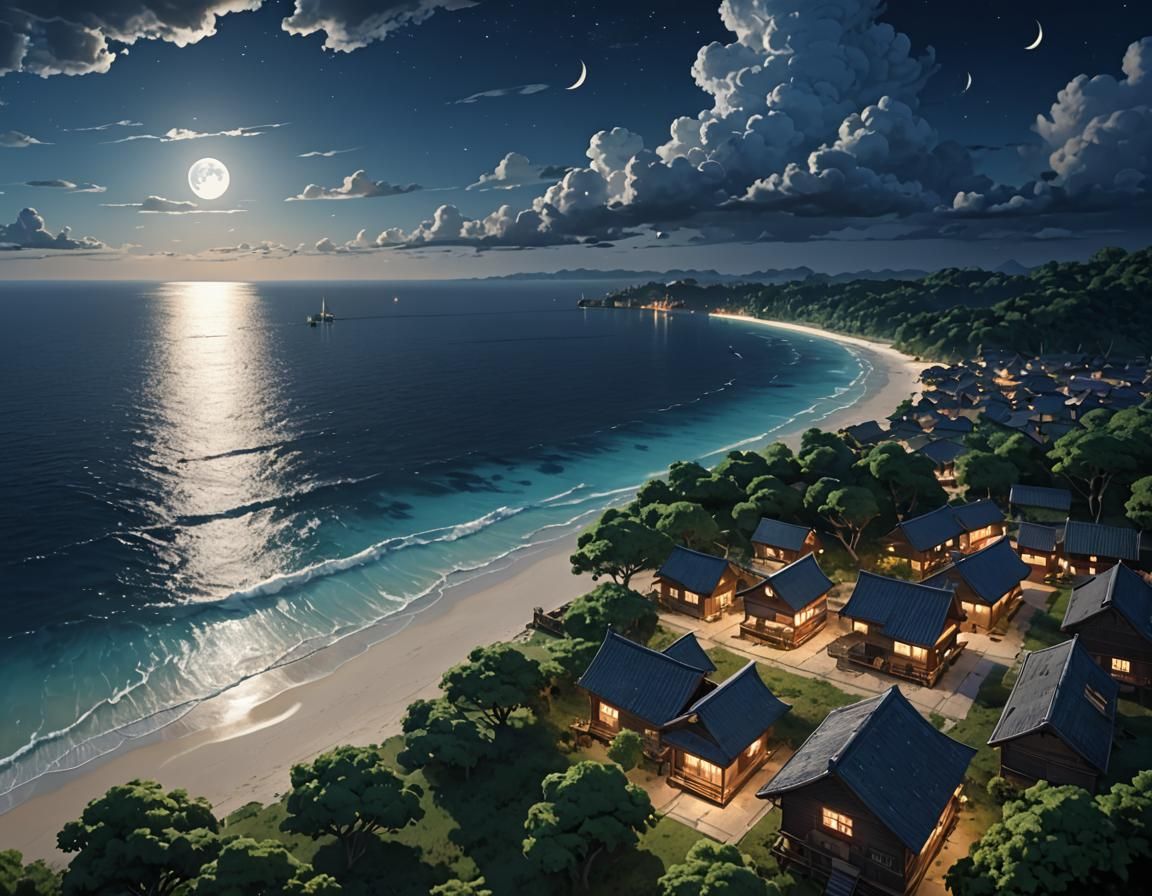 Moonlit Coastal Village in 3D Anime Art