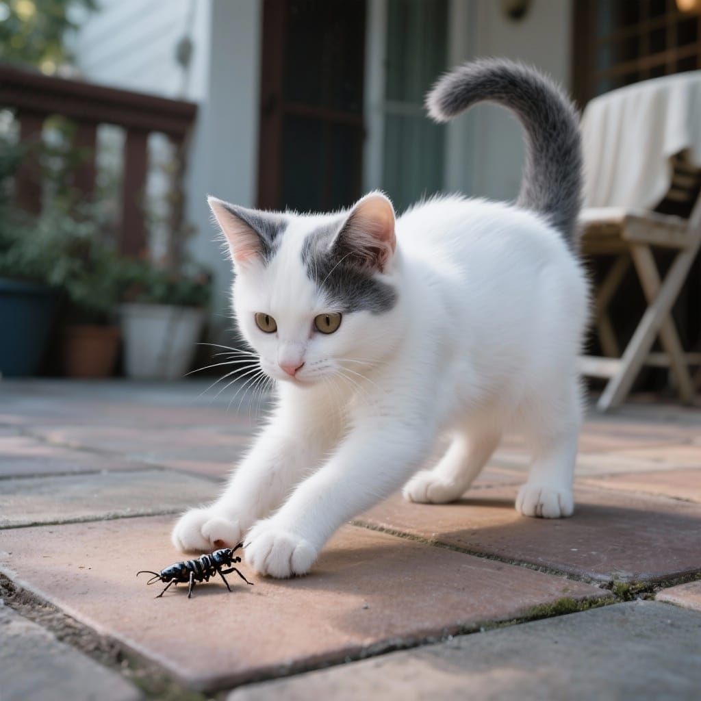 White Kitten with Grey Tail Plays with Bug