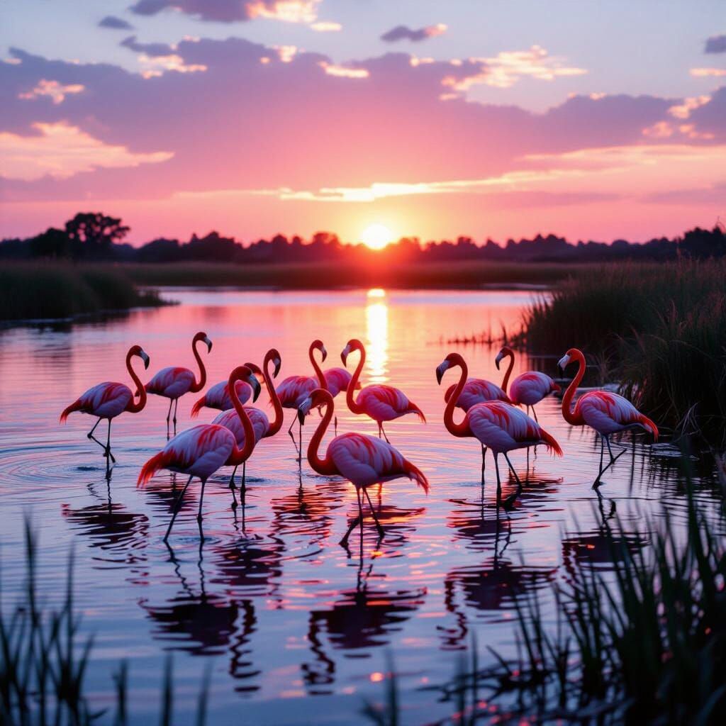 Vibrant Pink Flamingos At Dramatic Pink Sunset