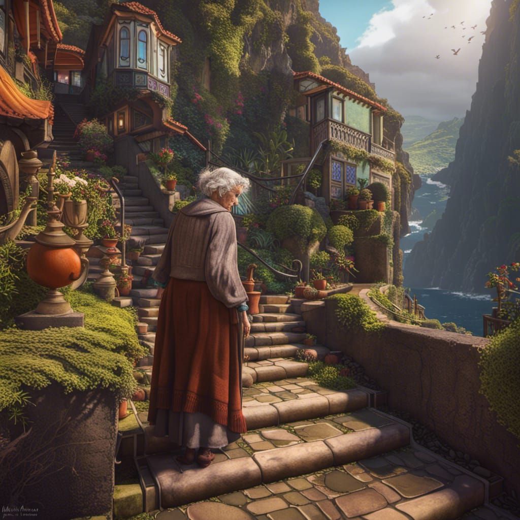 Surreal Madeiran Scene with Alphonse Mucha Influences