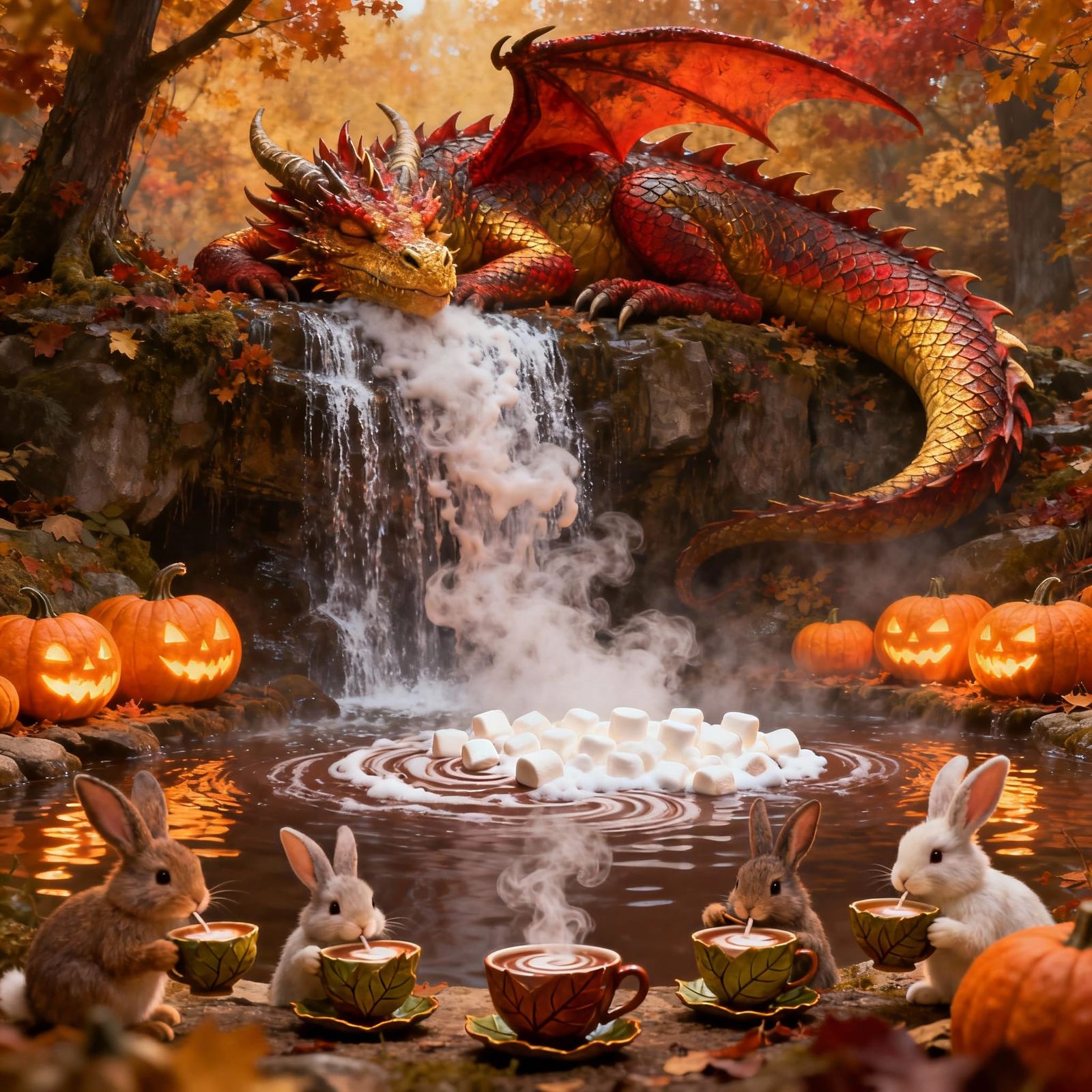 Cozy Dragon Naps Behind Autumn Waterfall of Hot Cocoa