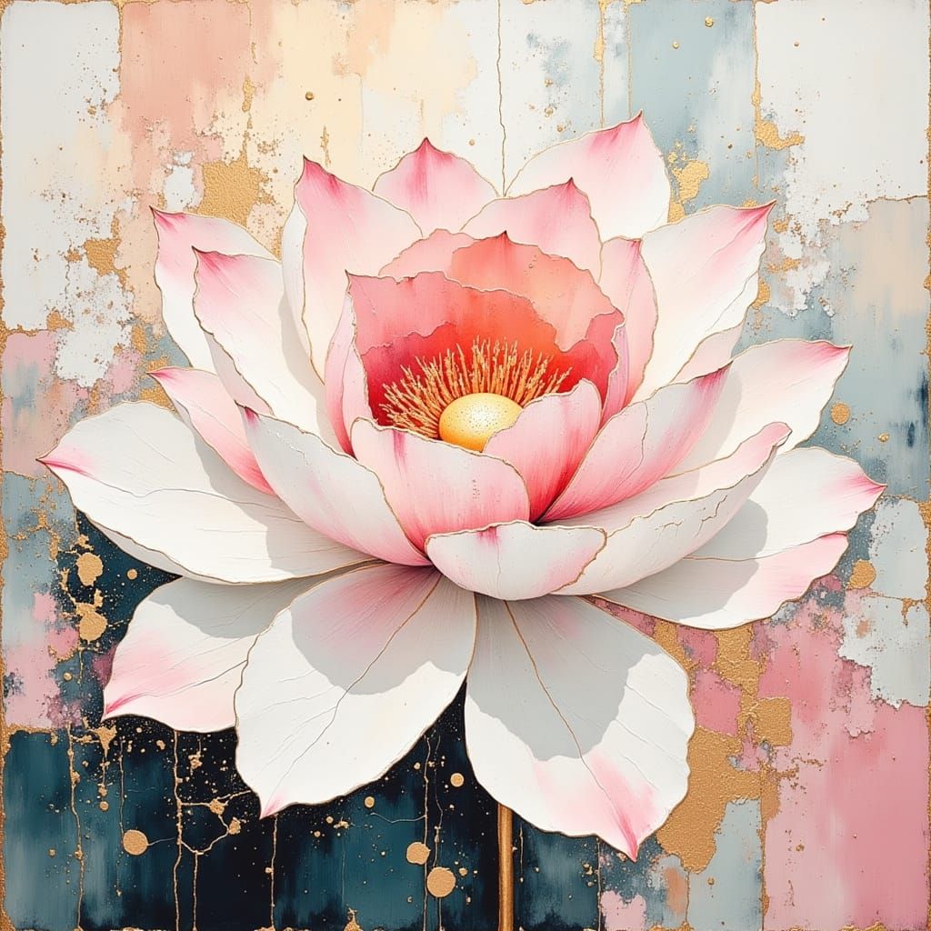 Pink and White Lotus Flower Impasto Painting