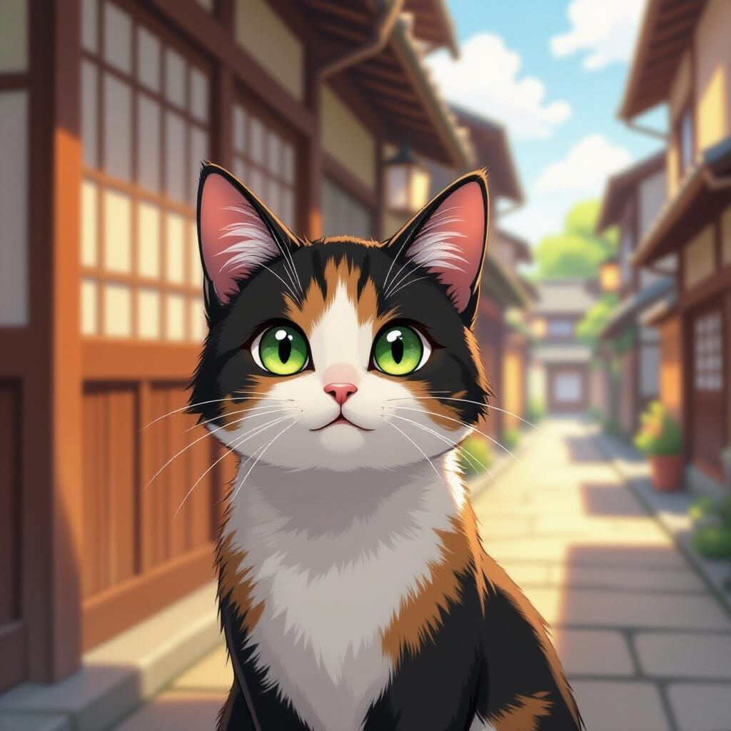 Curious Calico Cat in Vibrant Anime Japanese Street Scene
