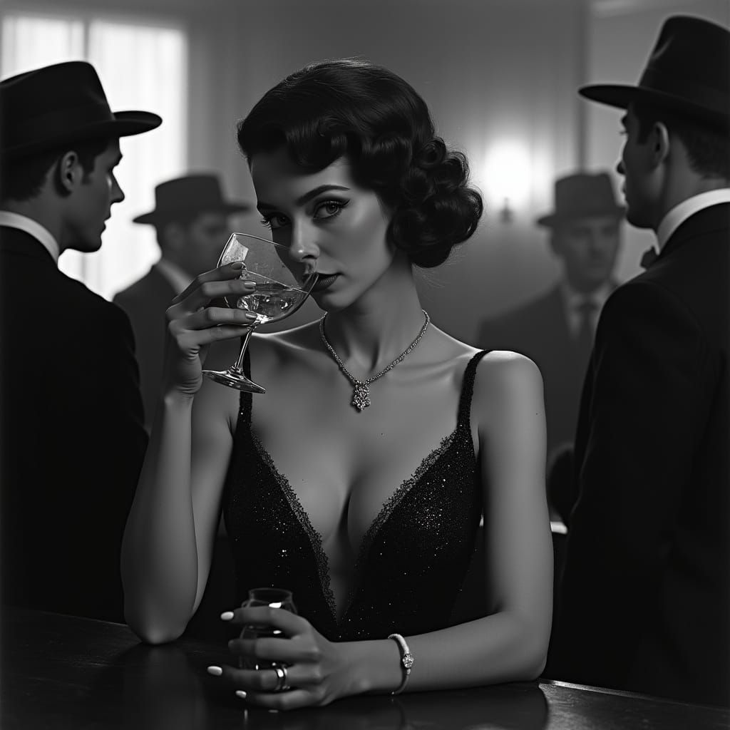 Glamorous Flapper Sips Cocktail in Smoky Speakeasy