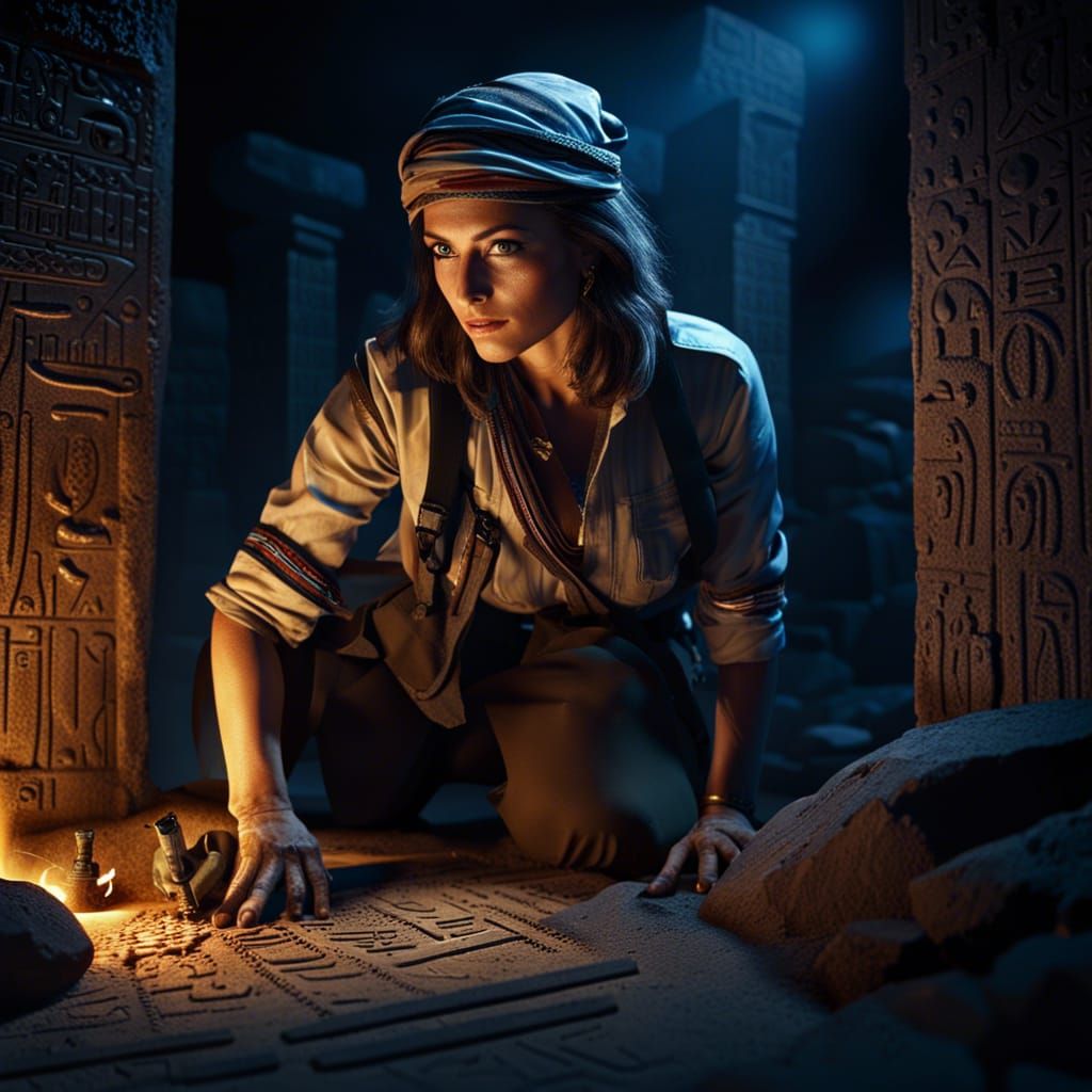 Female Archaeologist Exploring Egyptian Tomb