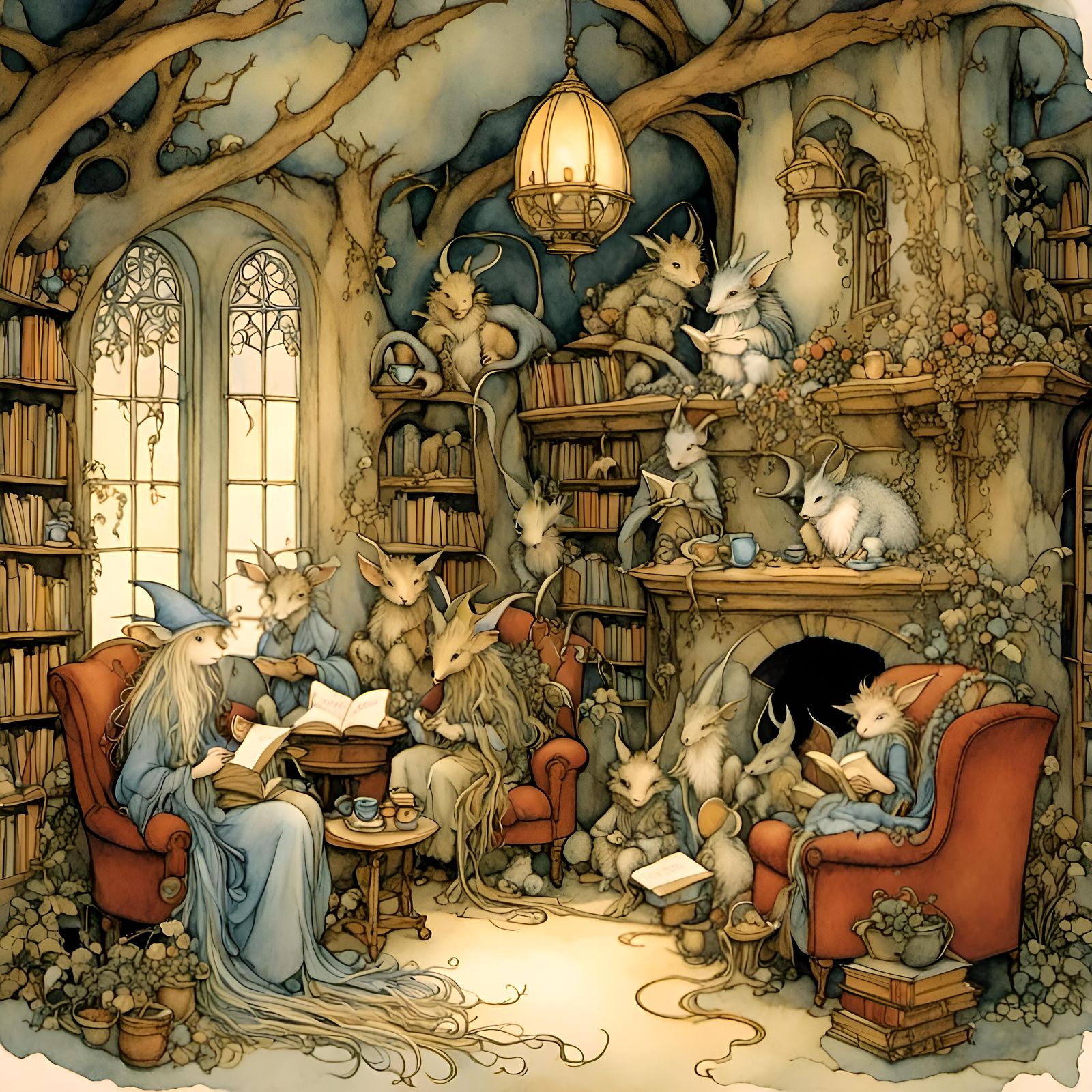 Dragon Family in Library, Whimsical Illustration