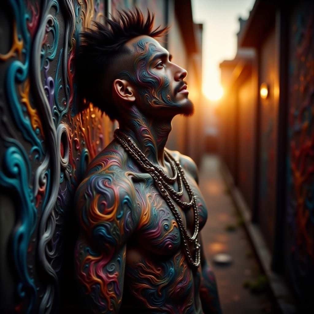 Maori Man with Tattoos in City Alley at Sunset
