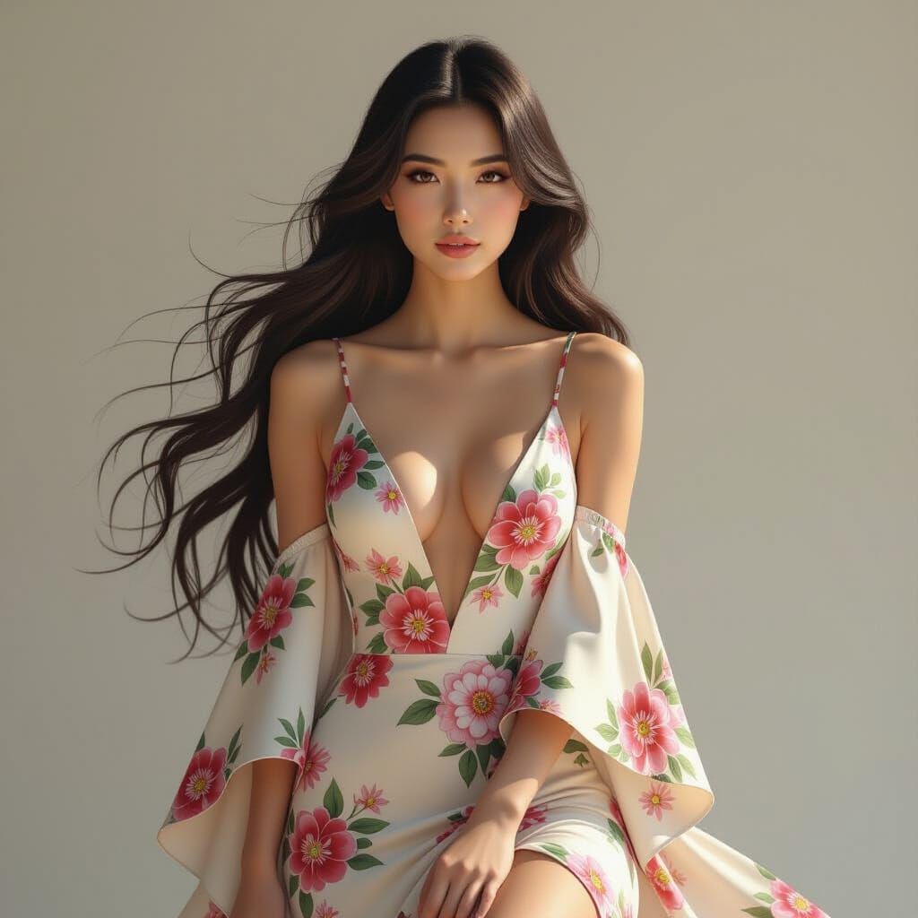 Elegant Japanese Woman in Floral Dress, Digital Art