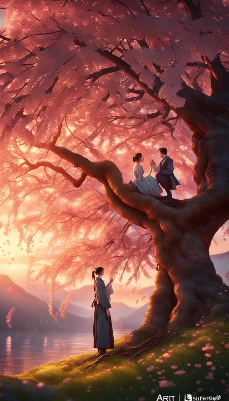 Couple in Cherry Blossom Garden: Fantasy Concept Art