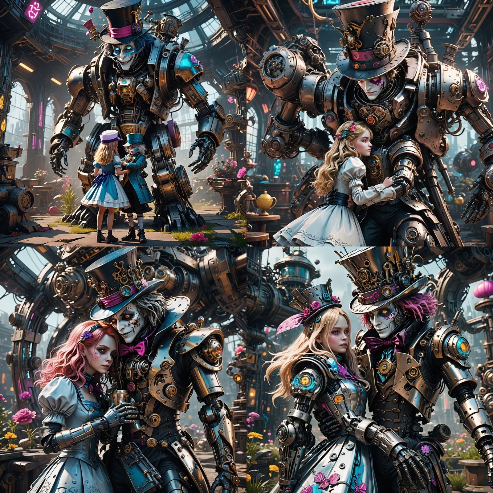 Cyberpunk Alice and Mad Hatter in Loving Embrace