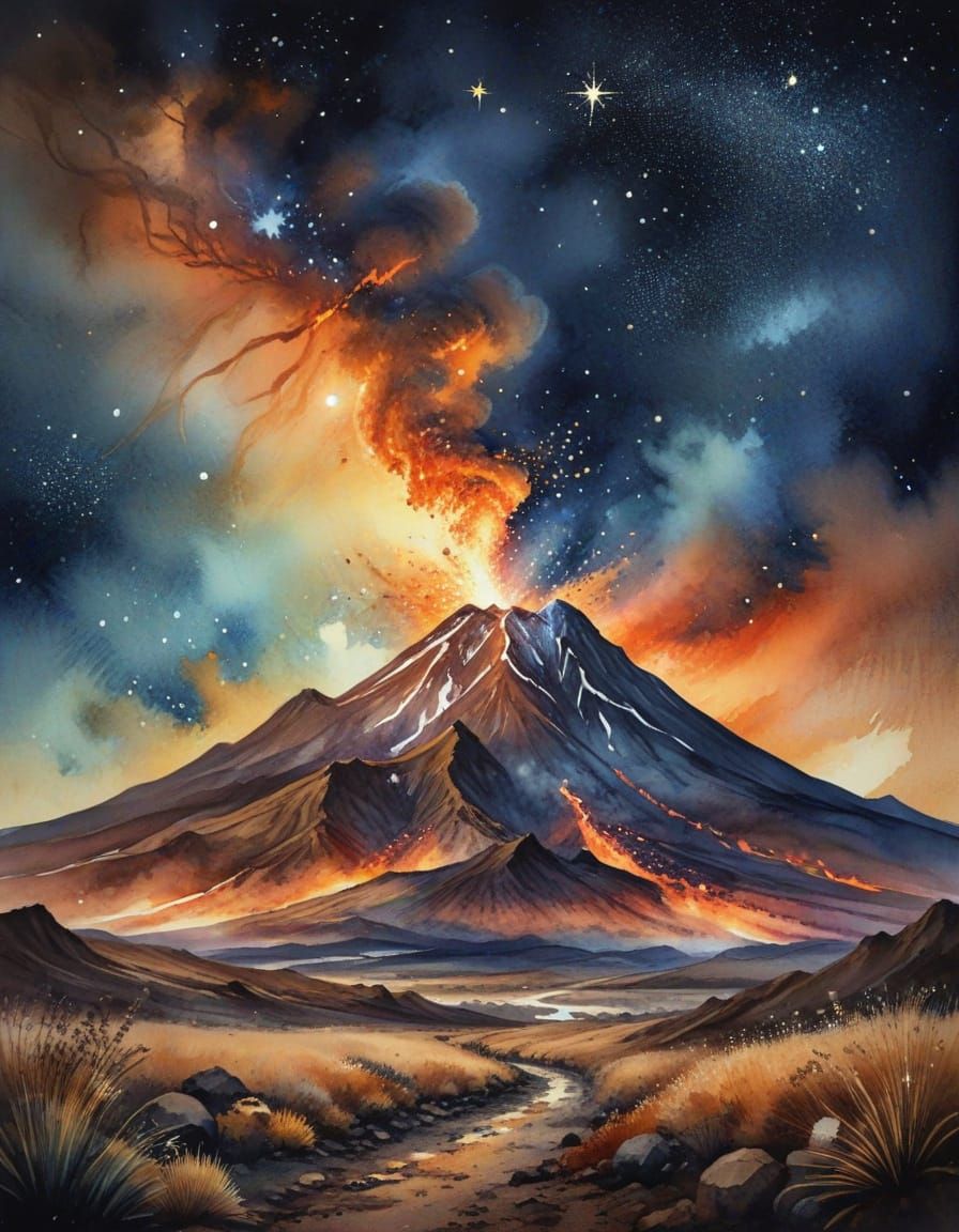 Volcanic Dreamscape in Ethereal Watercolor