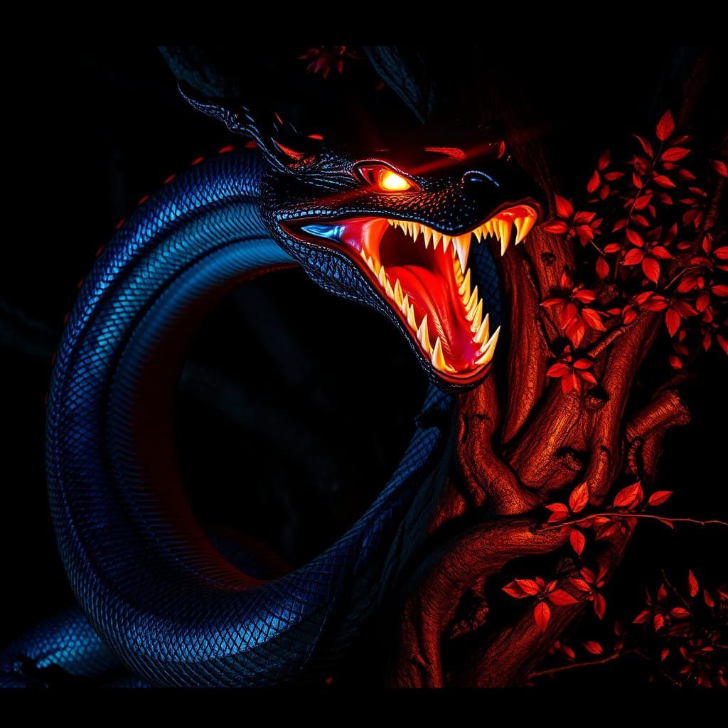 Glowing Serpent Coils Around Ancient Tree