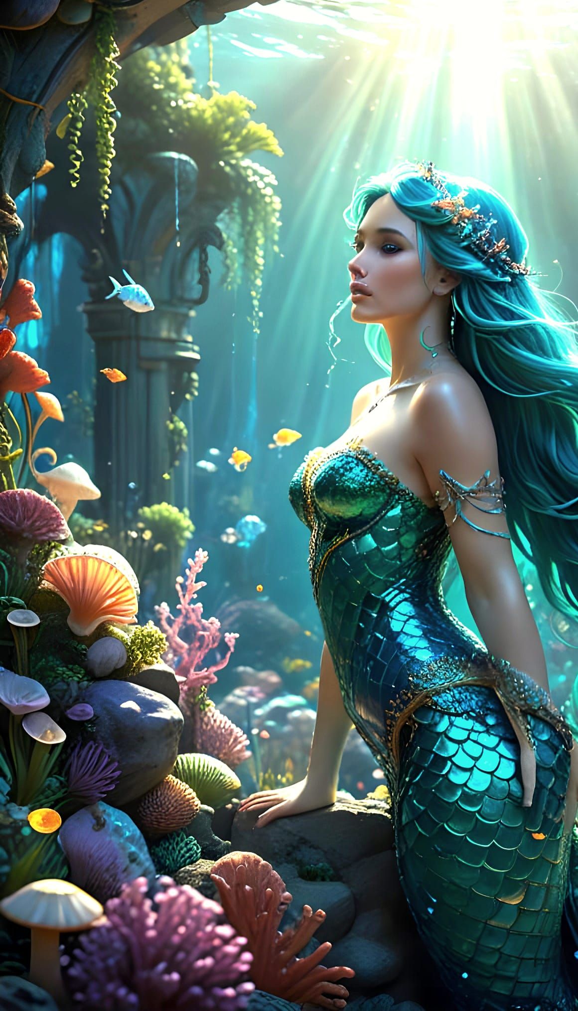 Enchanted Mermaid in Vibrant Underwater Scene