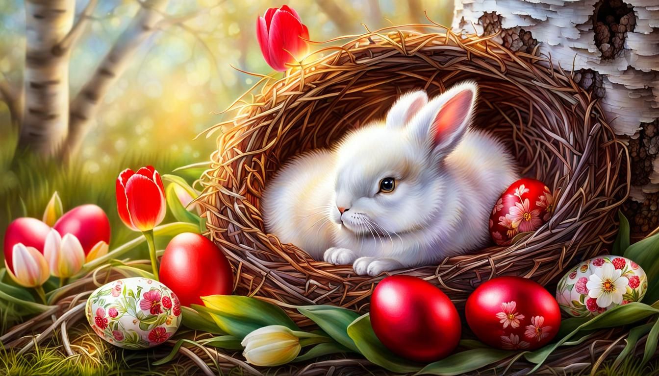 Red Easter Eggs with Bunny in Nostalgic Painting