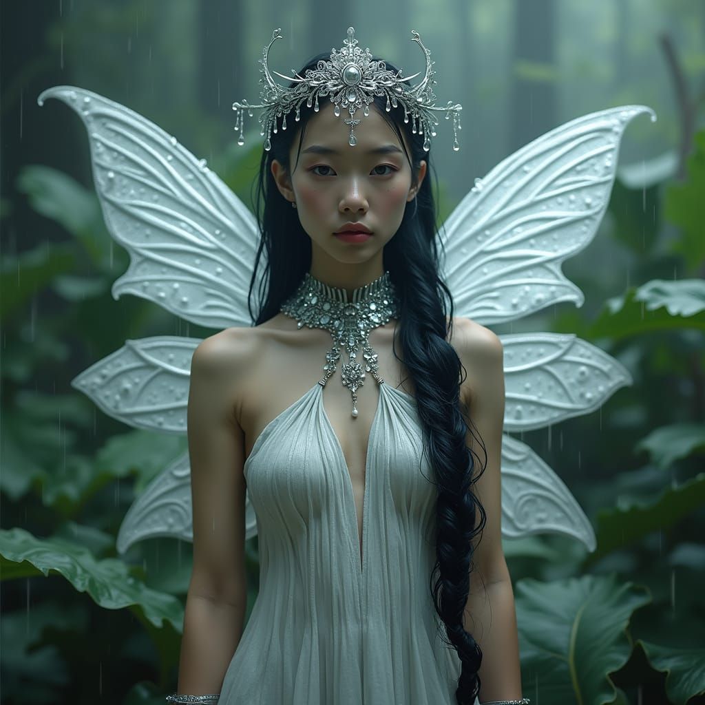 Ethereal Fairy Shines in Rainy Biopunk Forest
