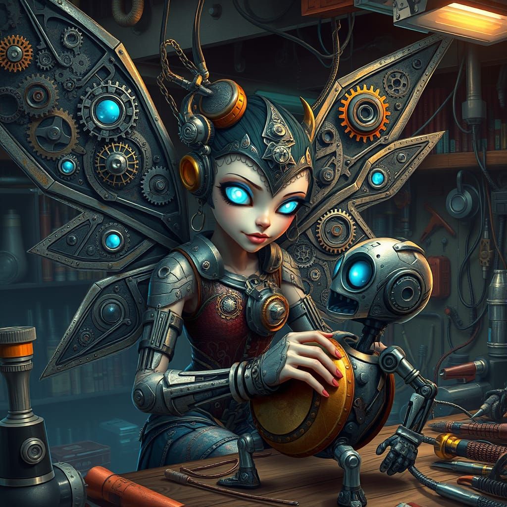 Futuristic Mechanic Fairy Repairs Robot in Workshop