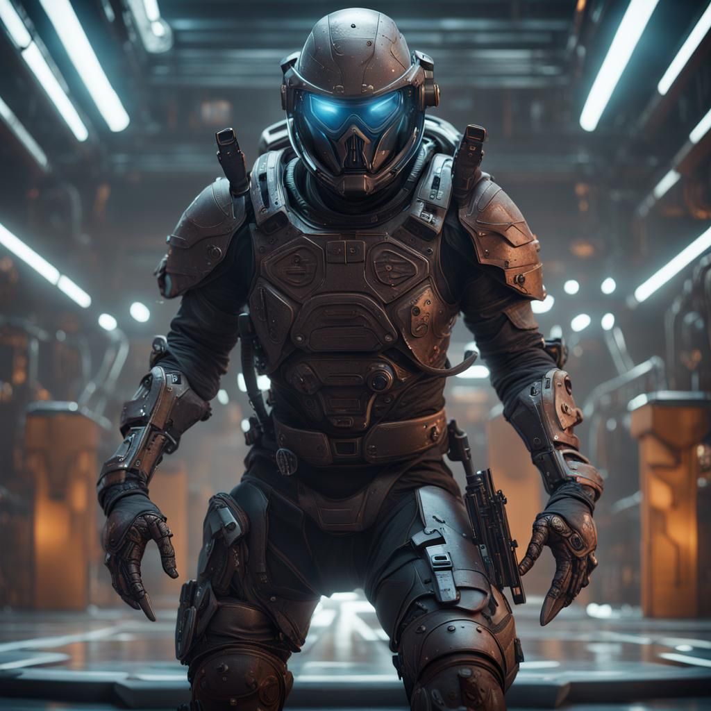 Sci-Fi Thief in Alien Interior: Detailed Matte Painting