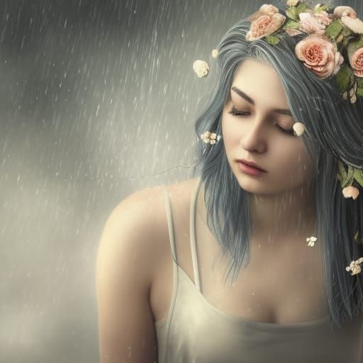 Crying Woman with Gray Hair in Rainy Flower Swing