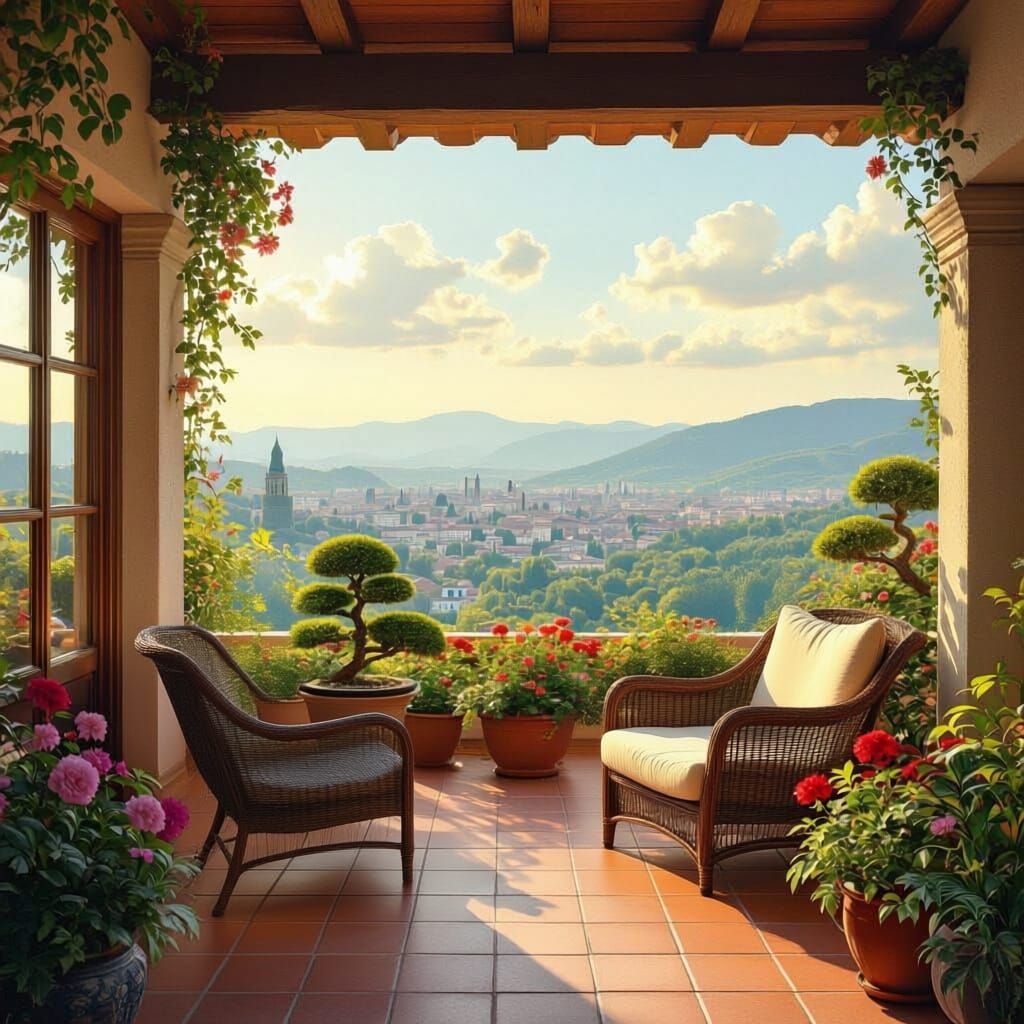 Cosy Loggia with Pig-Headed Man in Impressionist Style