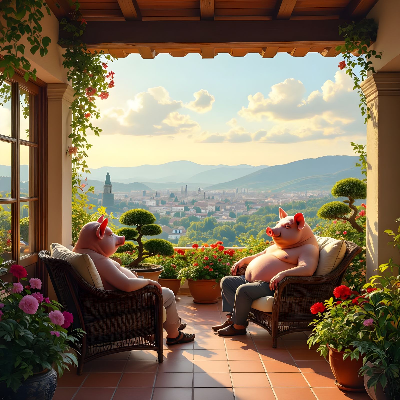 Cosy Loggia with Pig-Headed Man in Impressionist Style