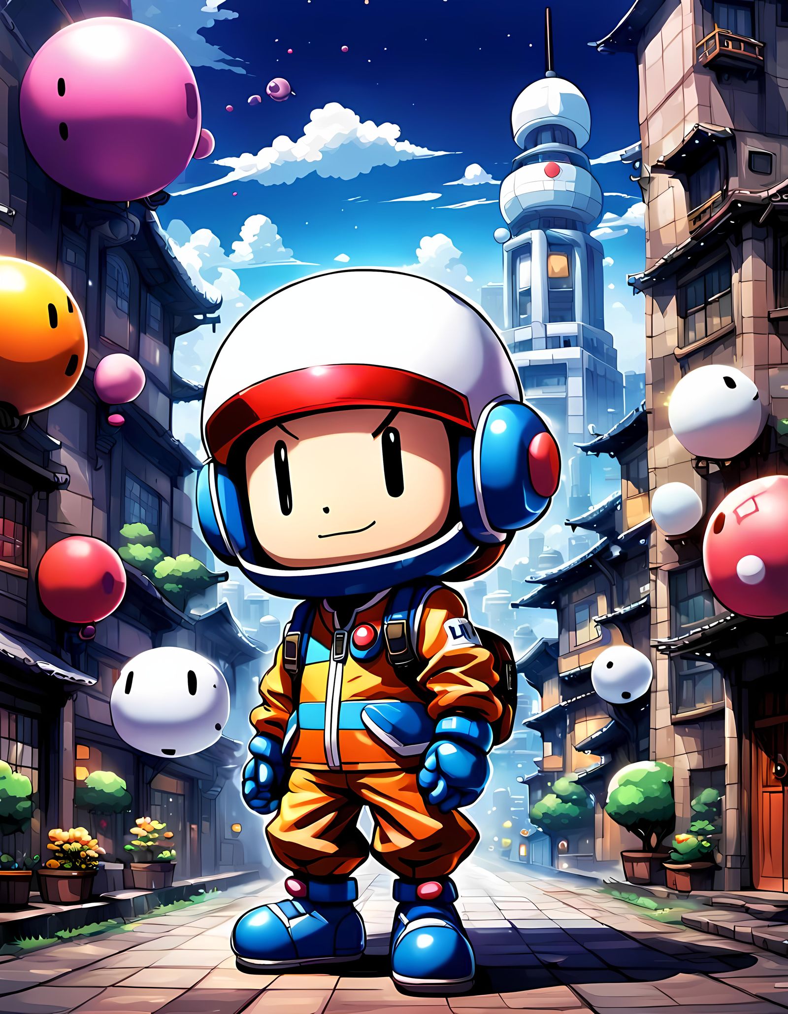 Bomberman Cartoon Portrait in Ghibli Anime Style