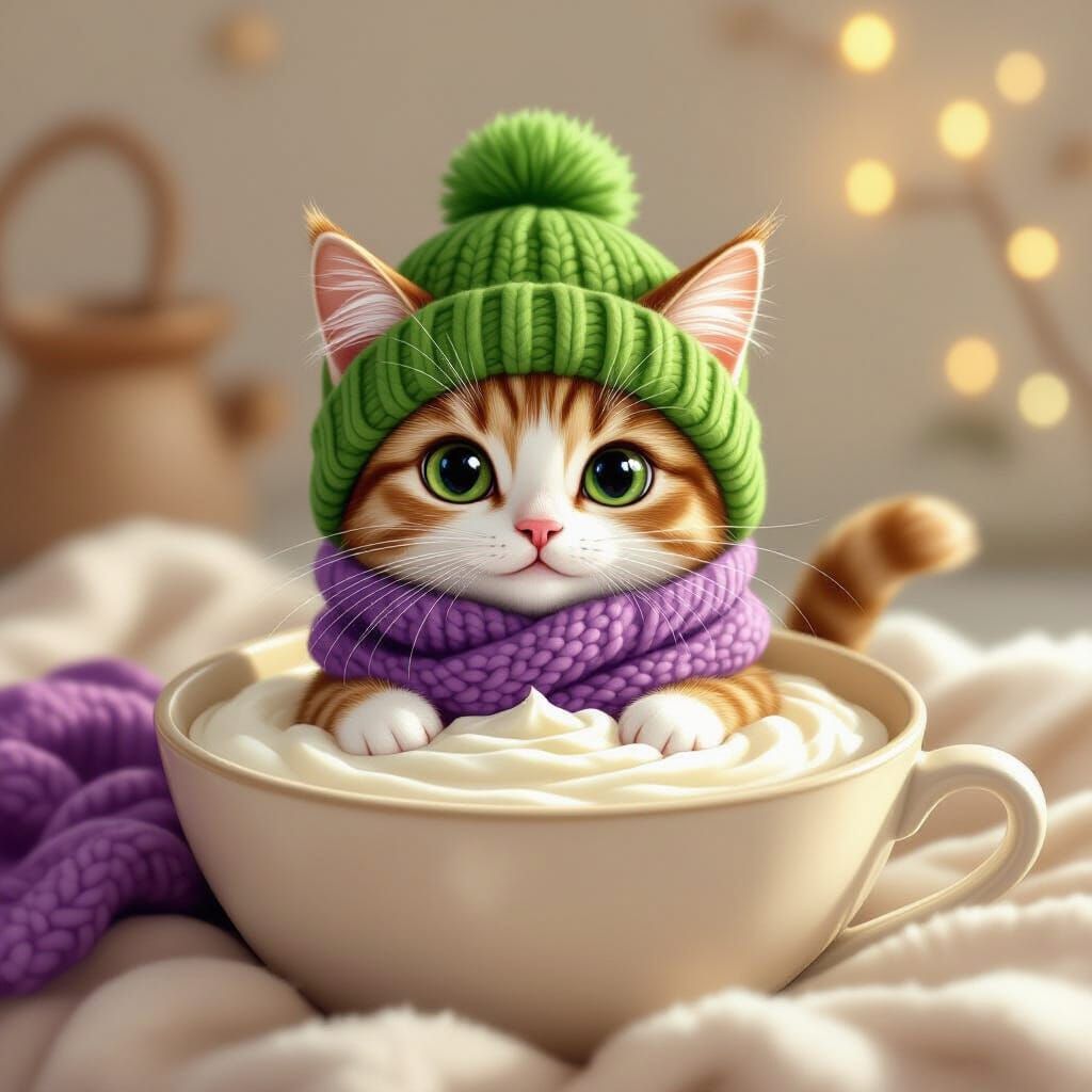 Cute Cat in Hat and Scarf Sits in Creamy Quark Bowl