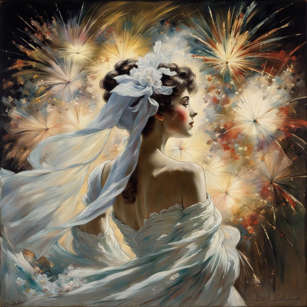 Elegant Woman in Fireworks, Boldini-Style Belle Époque