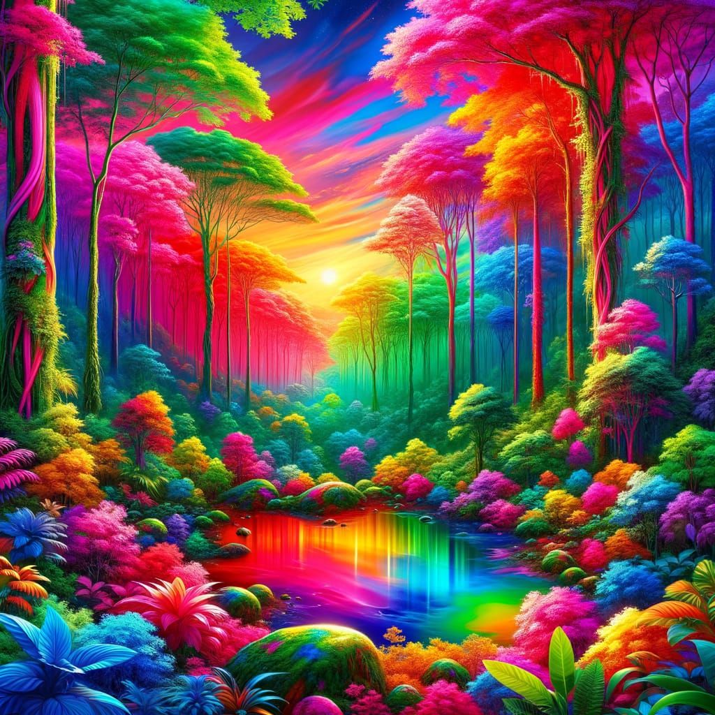 Vibrant Sunrise in a Colorful Rainforest