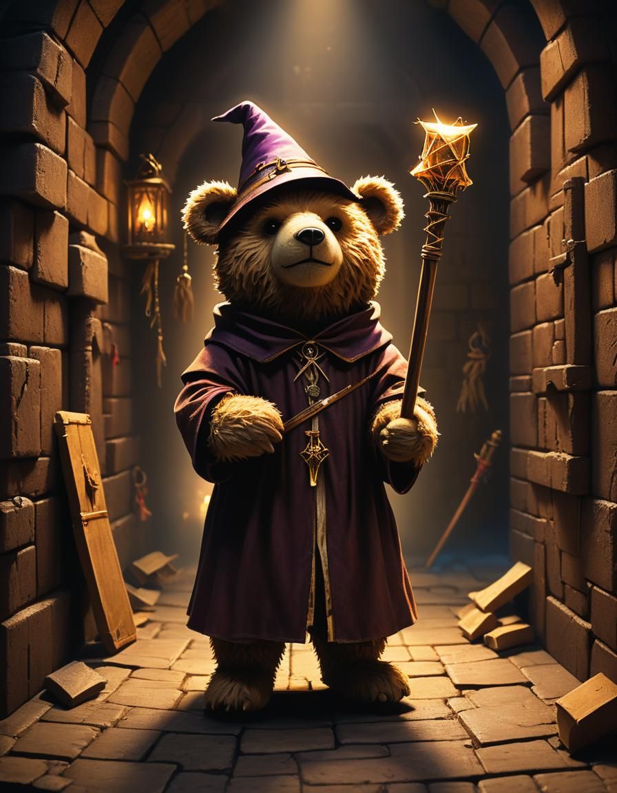 Wizard Teddy Bear in Cardboard Dungeon