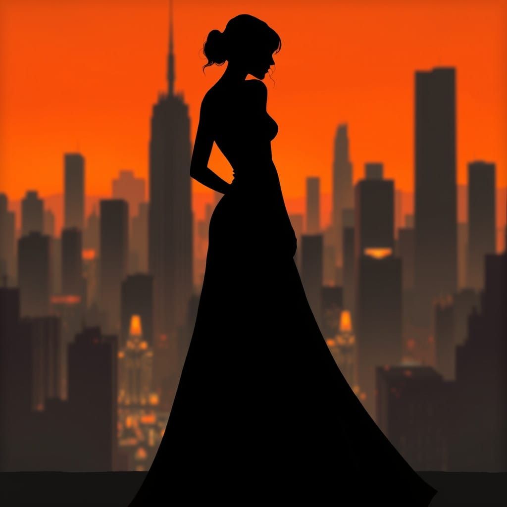 Futuristic Cityscape Silhouette of Model in Gown