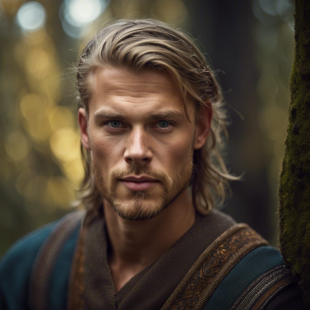 Handsome Swedish Viking Prince Portrait in Forest
