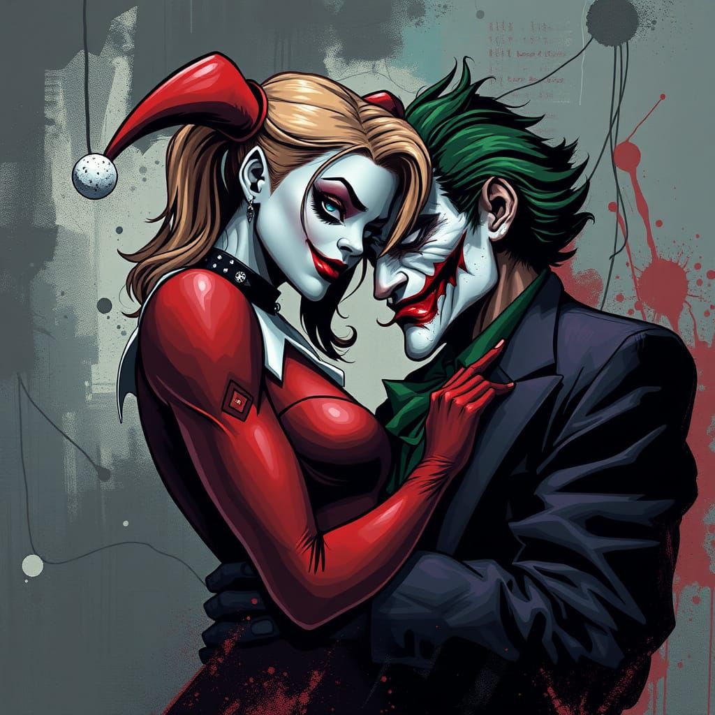 Harley Quinn and the Joker in a Dark, Abstract Landscape