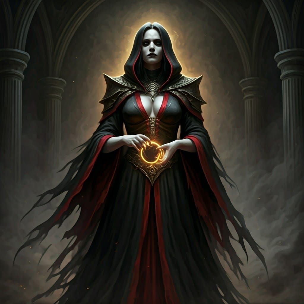 Dark Sorceress with Golden Ring in Surreal Horror Style